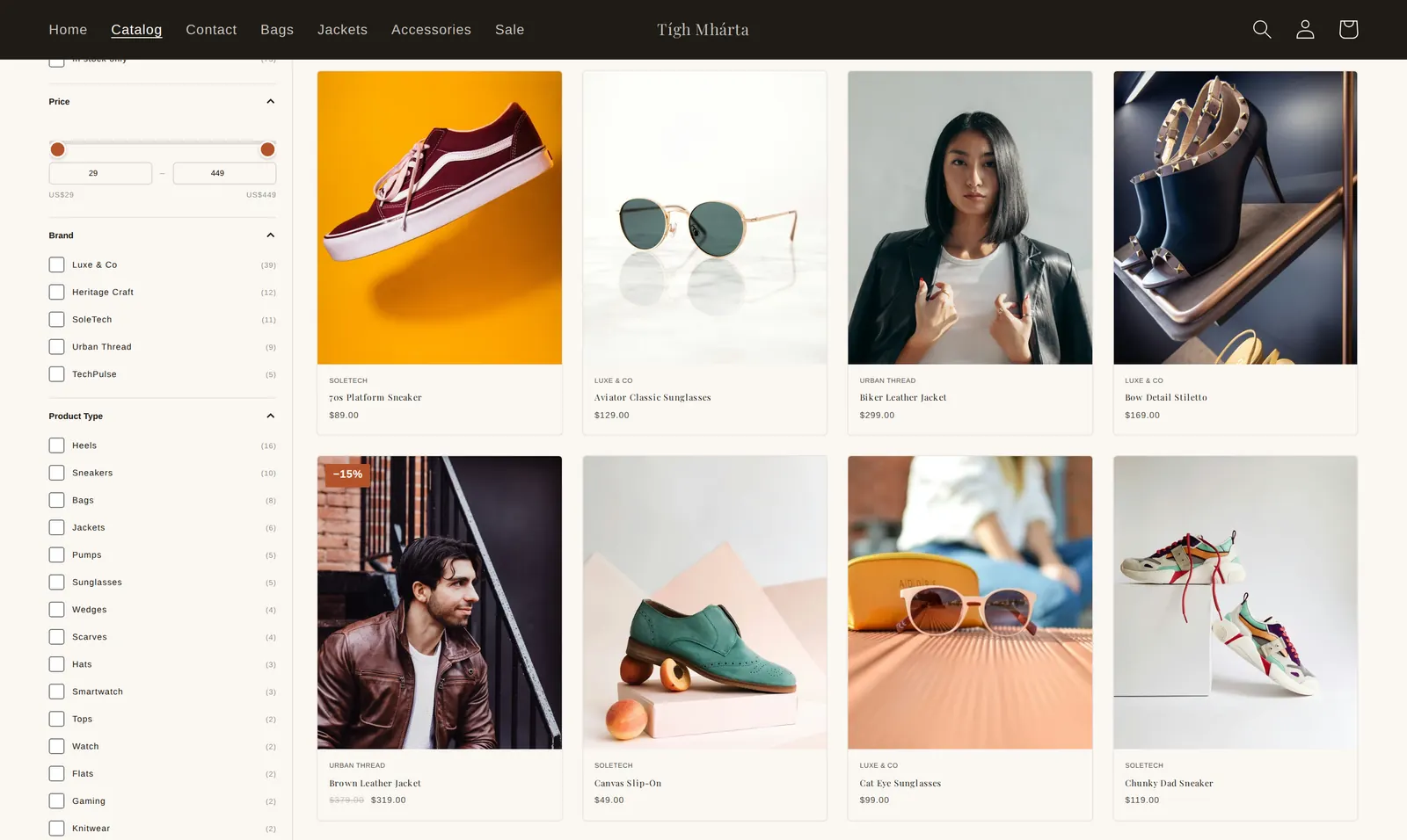 A collection page with a filter sidebar of availability, price range, brand, product type, colour swatches and size buttons, beside a grid of products with sale badges.