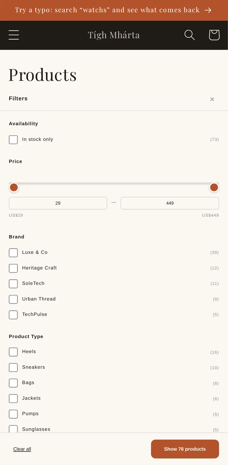On a phone, a filter drawer with availability, a price slider, brands and product types, and a button to show 76 products.