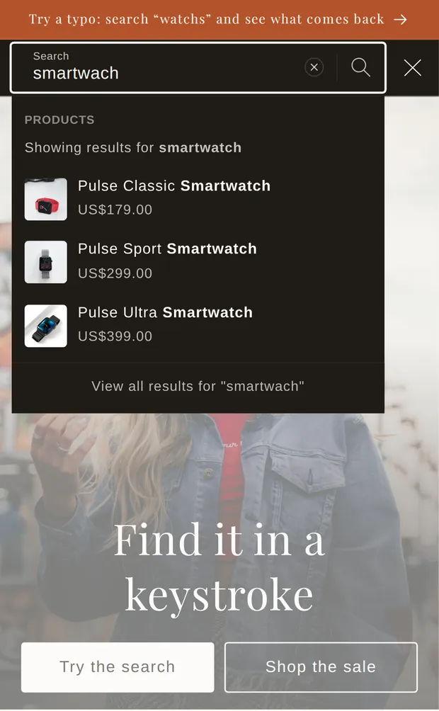 On a phone, “smartwach” typed into the search box; the dropdown says “Showing results for smartwatch” and lists three smartwatches.