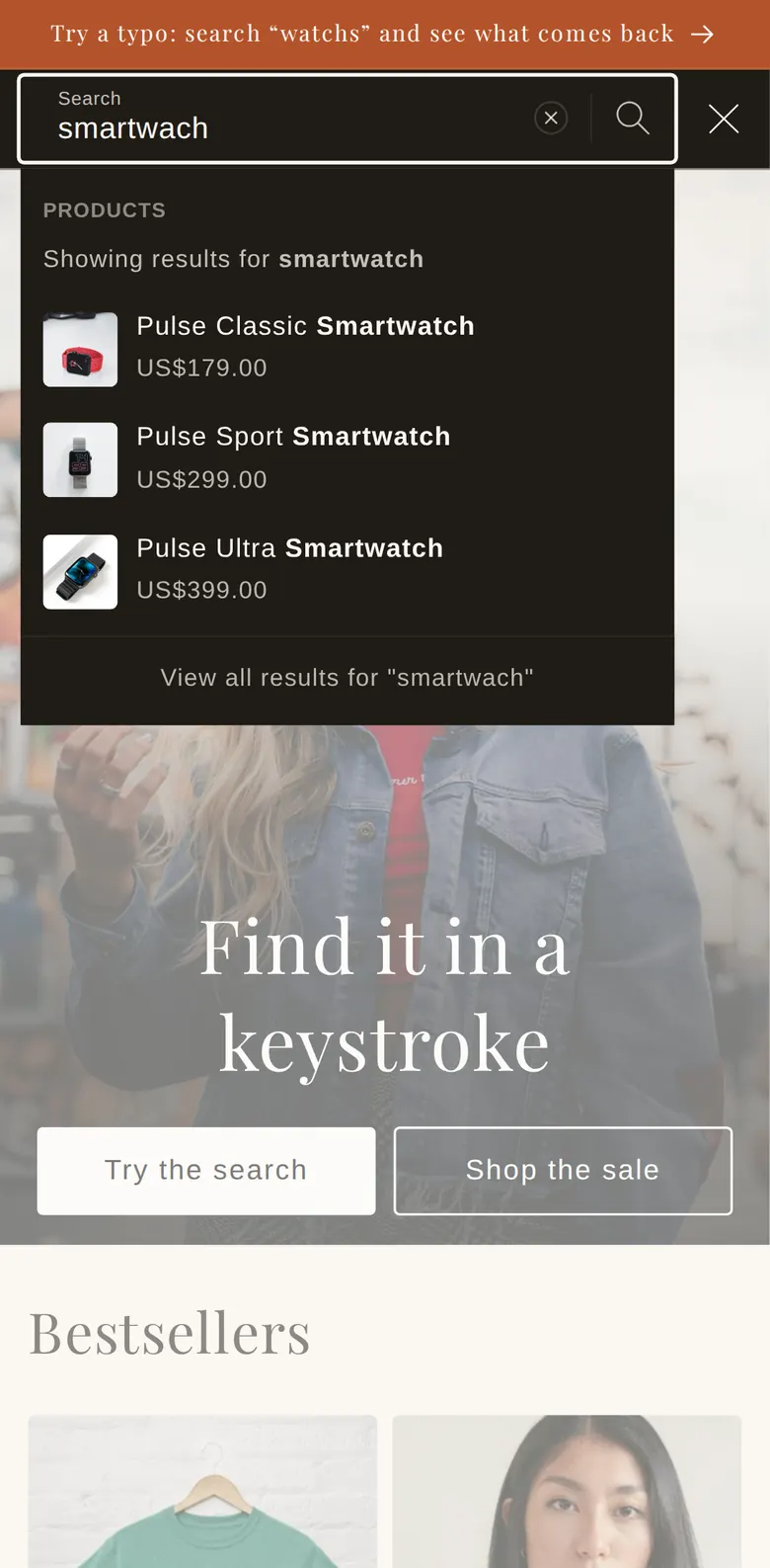 On a phone, “smartwach” typed into the search box, with smartwatches listed below.