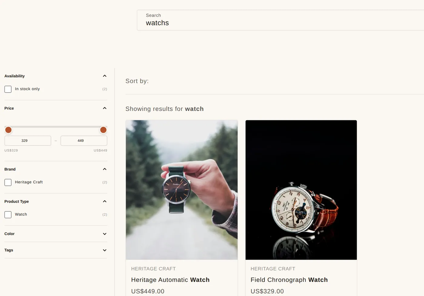 A search results page for “watchs” on the demo store: “Showing results for watch” above two watch cards, with filters on the left.