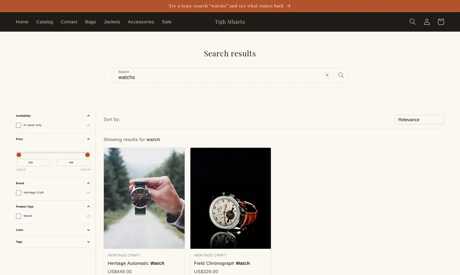 A search results page for “watchs”, showing “Showing results for watch” above two watch cards, with filters for availability, price, brand, product type and colour on the left.